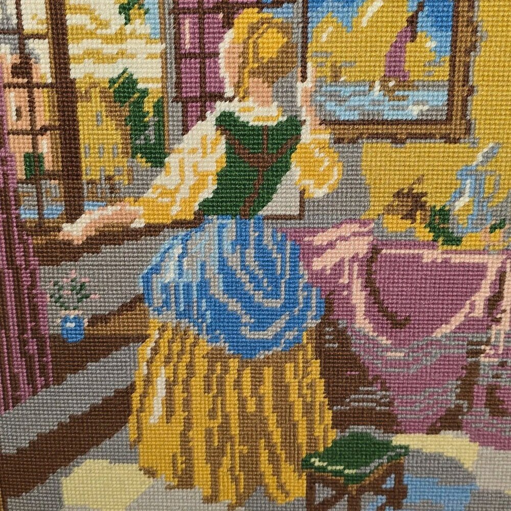 Vintage Framed Needlepoint Of Woman/Girl Looking out Window Large 23x20 Inches - Picture 11 of 11